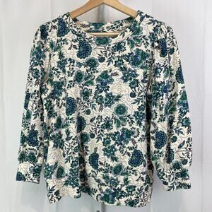 LOFT Garden Puff Sleeve Sweatshirt 3/4 Sleeve Crew Neck Multicolor Green Size M